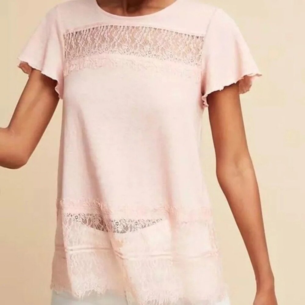 Anthropologie / Deletta Short Sleeve Lace Panel Pullover Shirt in Pink - Sz S